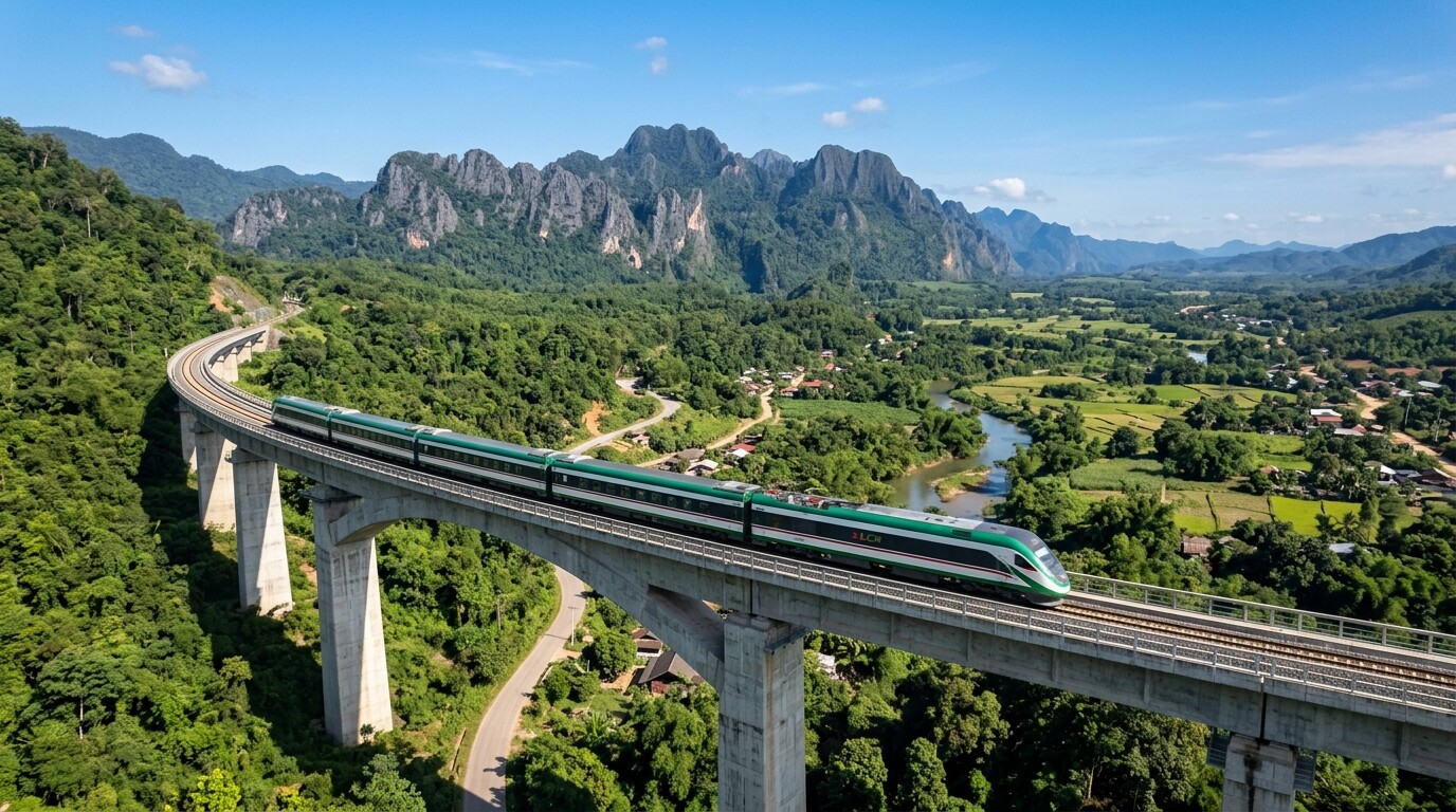 A modern high-speed train crossing a bridge over a scenic valley in Laos.