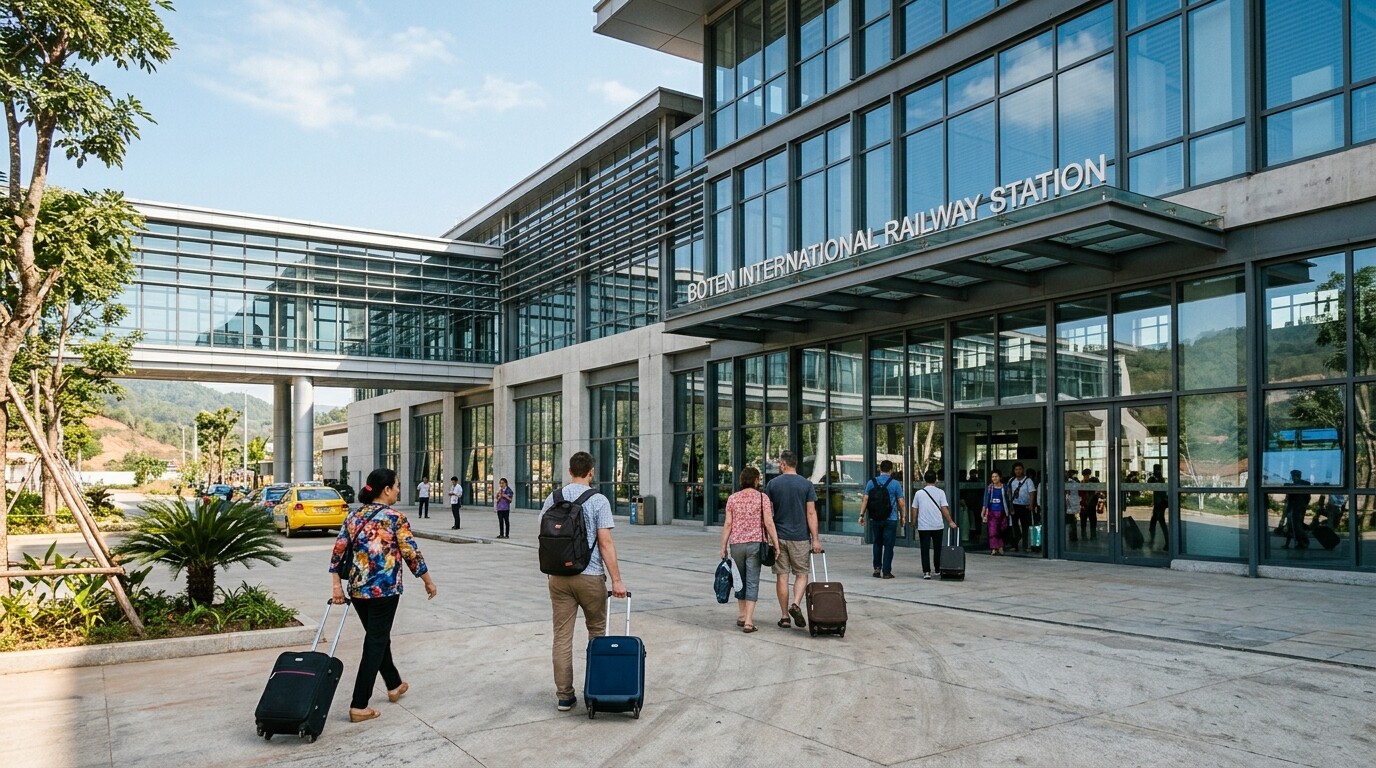 The exterior of the modern Boten International Railway Station at the border.