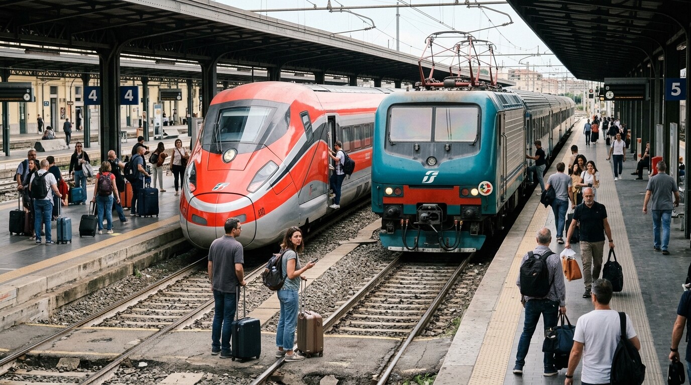 高速列車と普通列車の比較を説明する写真