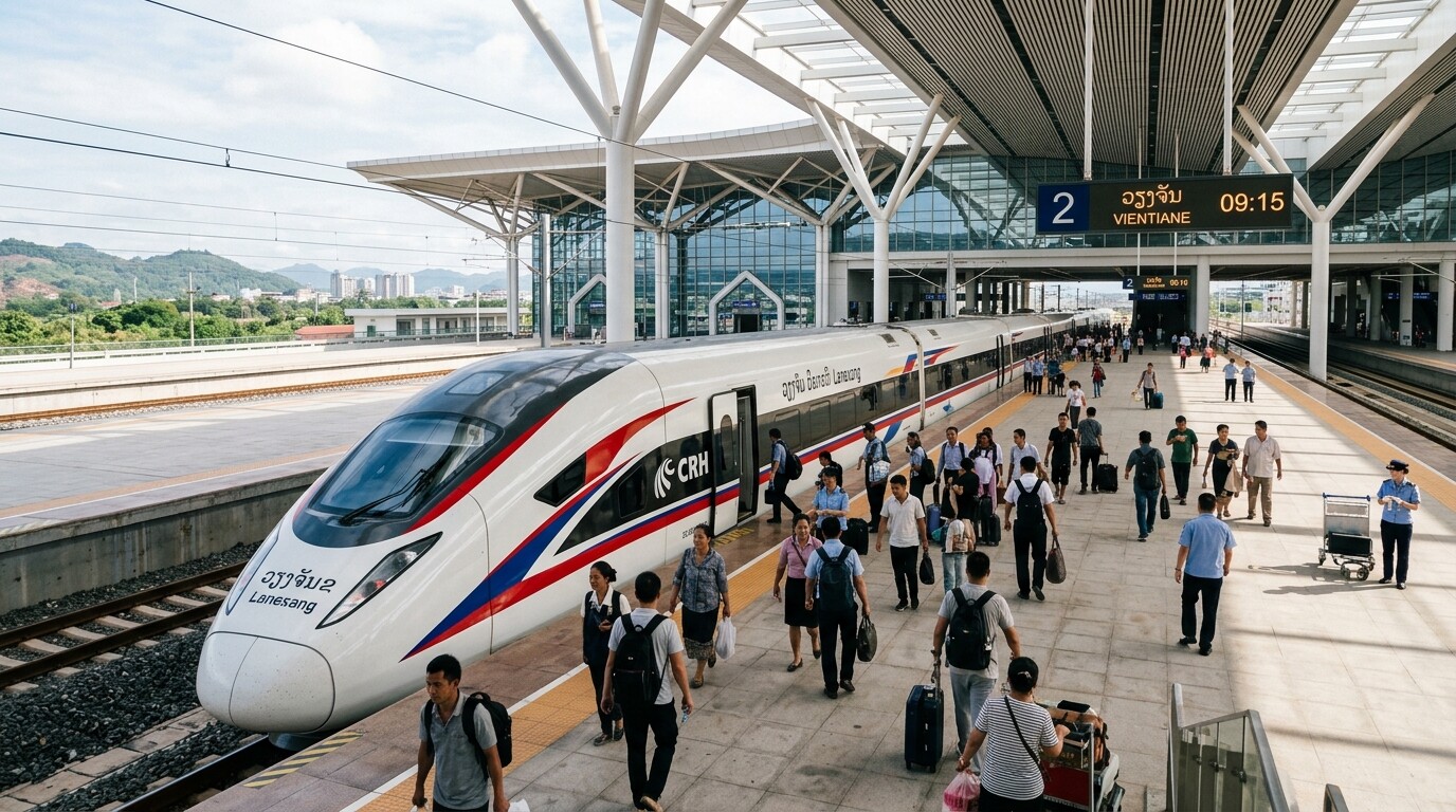 A modern white high-speed train at the Vientiane station platform in Laos.