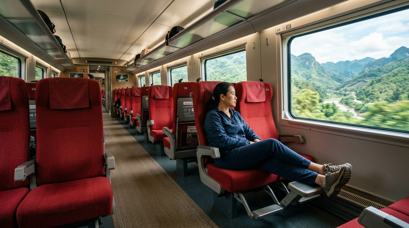 Interior of a First Class train carriage with red seats and large windows.