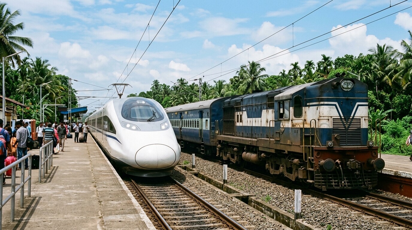 Side-by-side comparison of a high-speed EMU train and a standard train in Laos.
