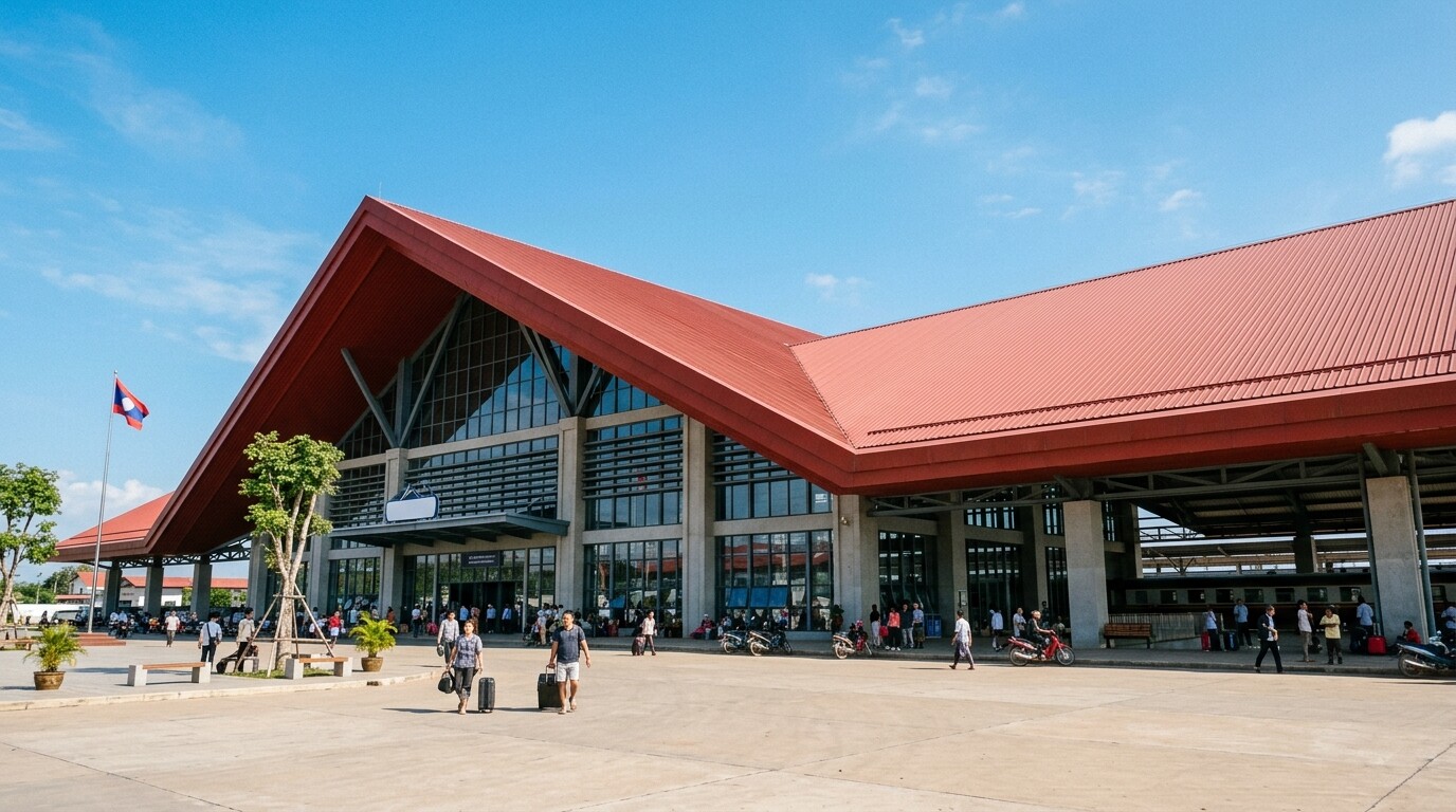 Tòa nhà Ga Tàu Vientiane hiện đại, rộng lớn với mái đỏ đặc trưng và mặt tiền bằng kính.