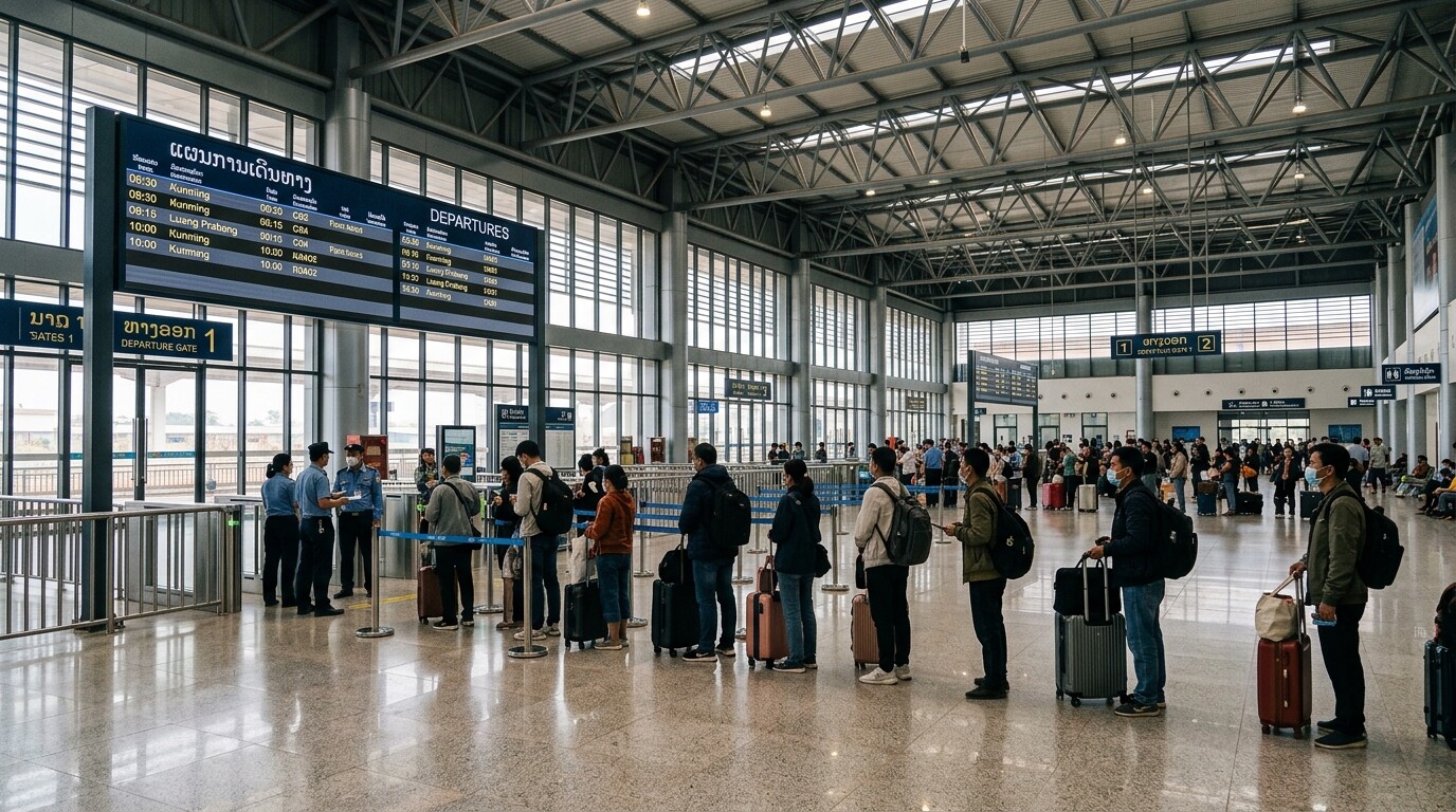 Quang cảnh bên trong sảnh ga tàu Vientiane rộng rãi với hành khách và các bảng điện tử.