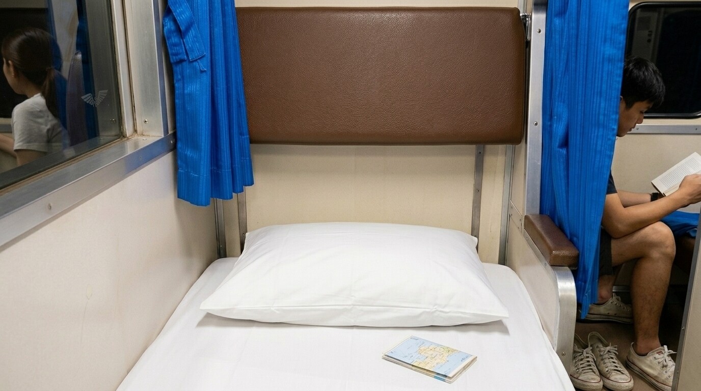 Lower bunk bed in a Thai sleeper train carriage.
