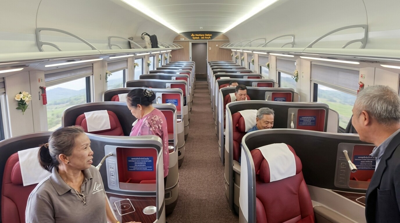 A realistic, eye-level interior photograph of a Second Class carriage on the Lane Xang EMU high-speed train, captured from a slightly offset